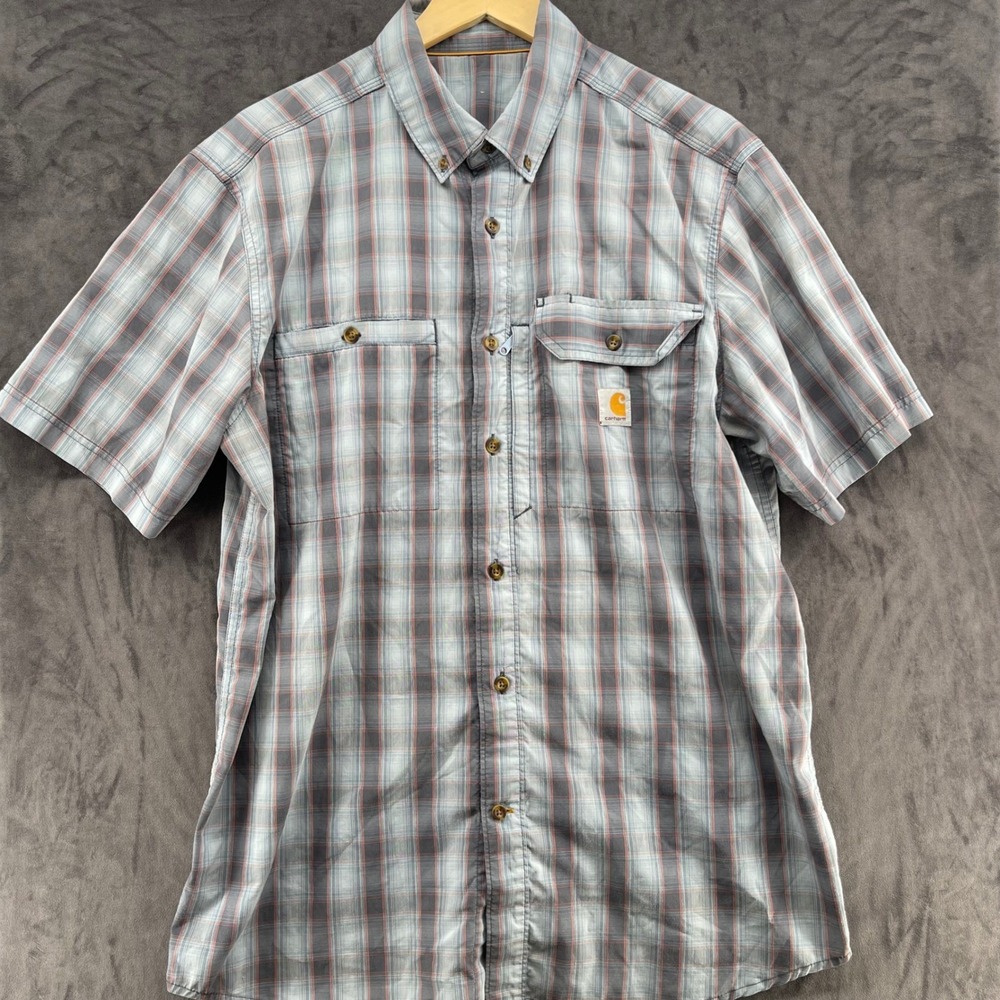 Carhartt Mens Plaid Short Sleeve Button Down Shirt Grey Orange Large 100290